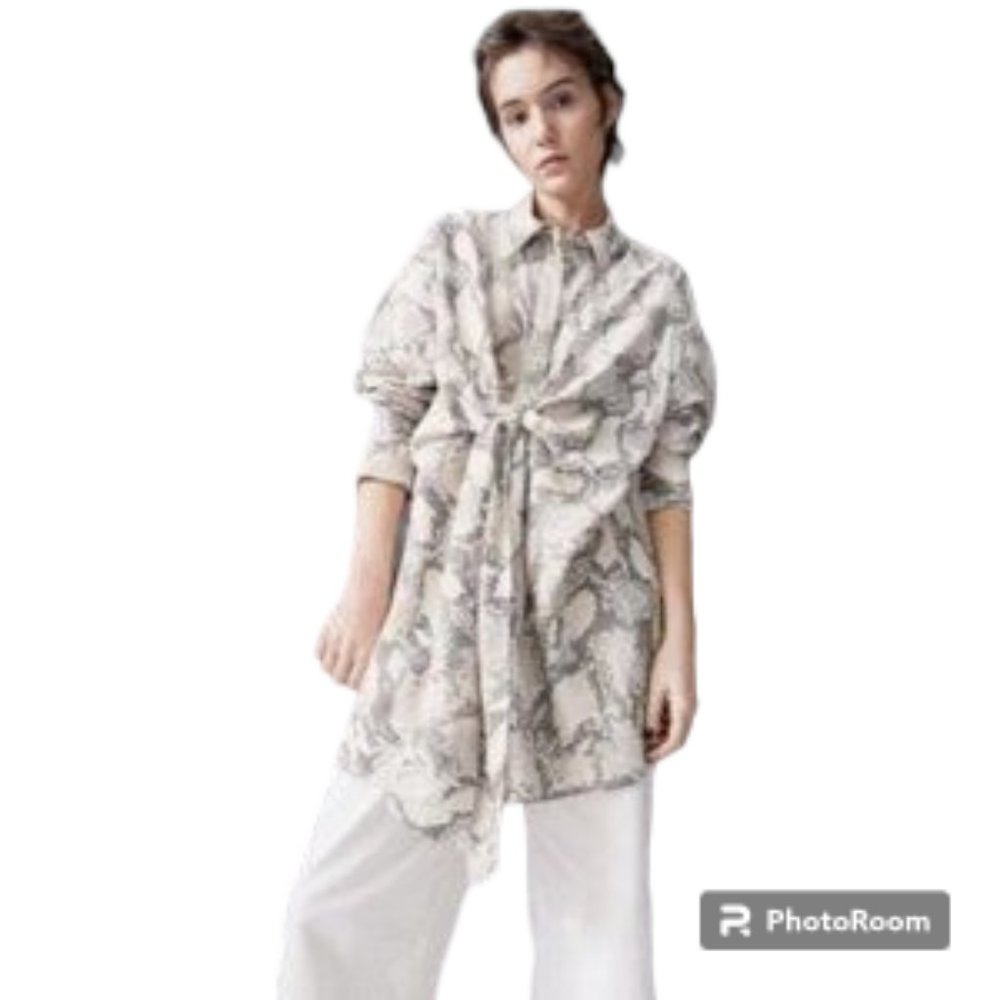 H&M Chic Oversized Snake Print Tie Front Button Down Shirt/Tunic/Dress
